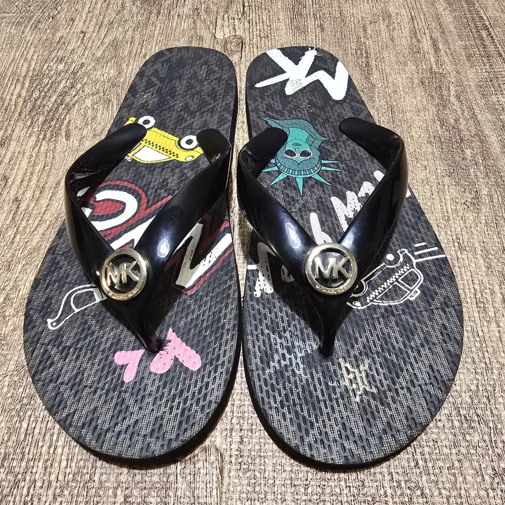 Michael Kors Flip Flop Sandals Mk Medallion NY City Theme Graphics Womens 7 Mint